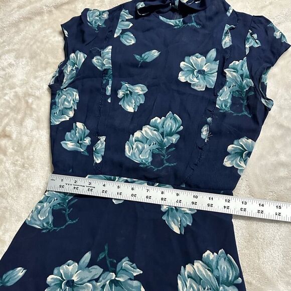 Reformation Faith Mini Dress Women's 2 Blue Floral Short Sleeves A-Line Tie Neck - Picture 7 of 8